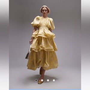 & OTHER STORIES MIDI DRESS WITH VOLUME SLEEVES AND RUFFLES IN YELLOW PRINT SZ 32